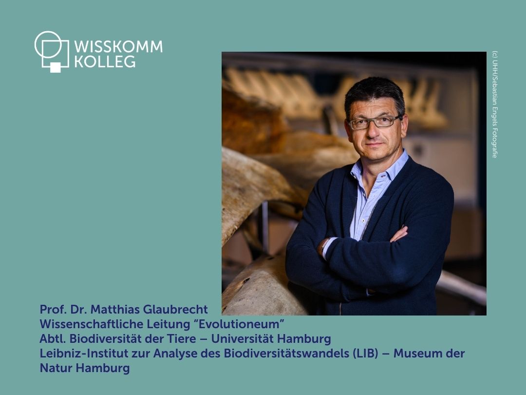 Grafik mit einem Foto von Matthias Glaubrecht. Darauf der Text: Prof. Dr. Matthias Glaubrecht, Wissenschaftliche Leitung “Evolutioneum” Abtl. Biodiversität der Tiere – Universität Hamburg Leibniz-Institut zur Analyse des Biodiversitätswandels (LIB) – Museum der Natur Hamburg