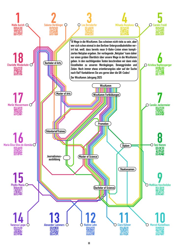 Grafik, die aussieht wie ein Streckennetzplan. Dieser visualisiert die Lebensläufe der WissKOmm-Kolleg Teilnehmenden